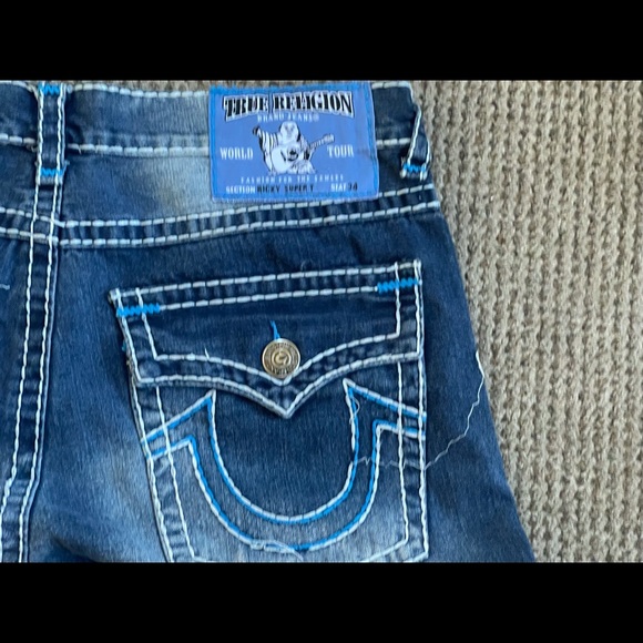 True Religion Ricky Super T Men’s Jeans Blue Patch Thick Stitch Size 38x34 - Picture 6 of 14